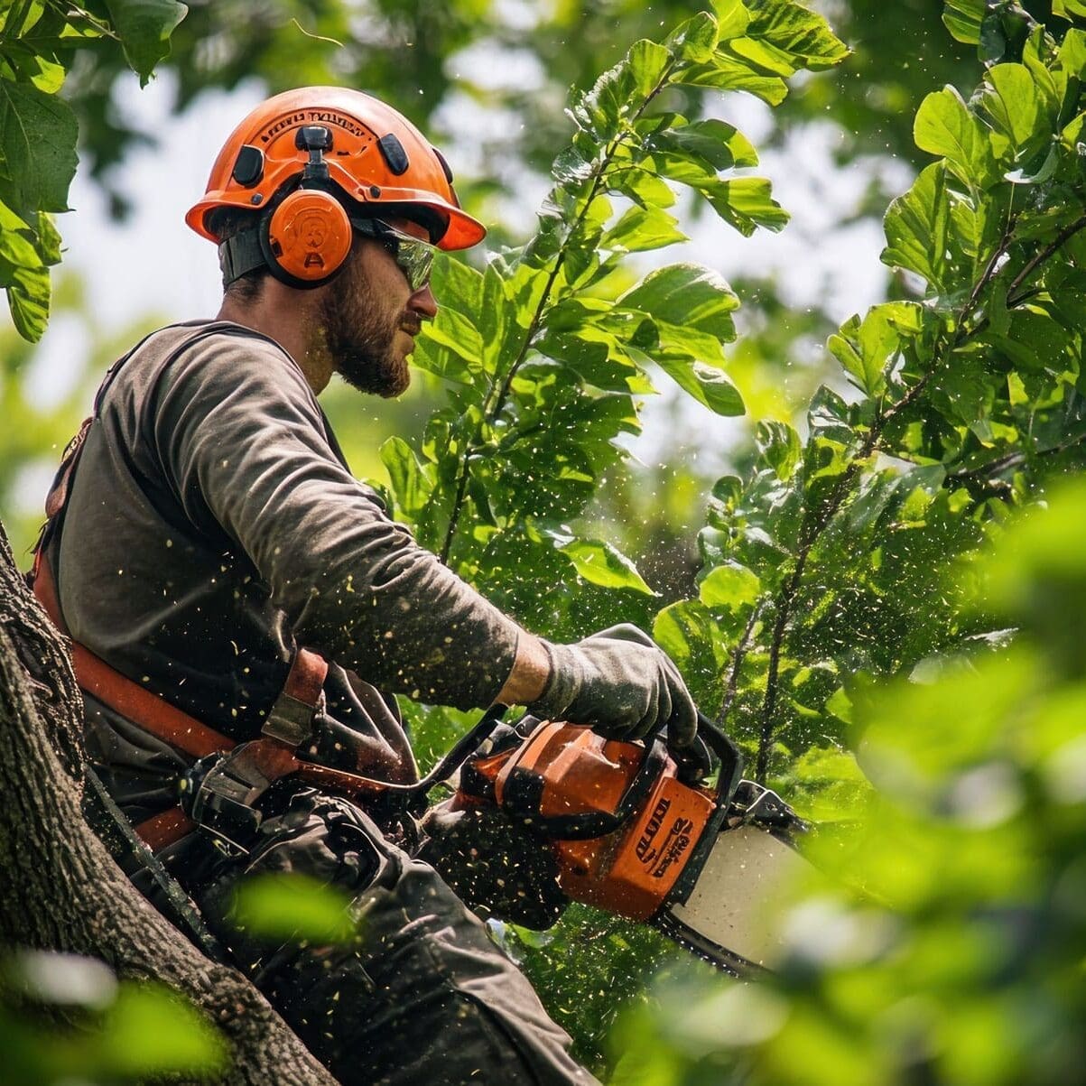 Professional Arborist Trimming a Tree with a Chainsaw in Safety Gear